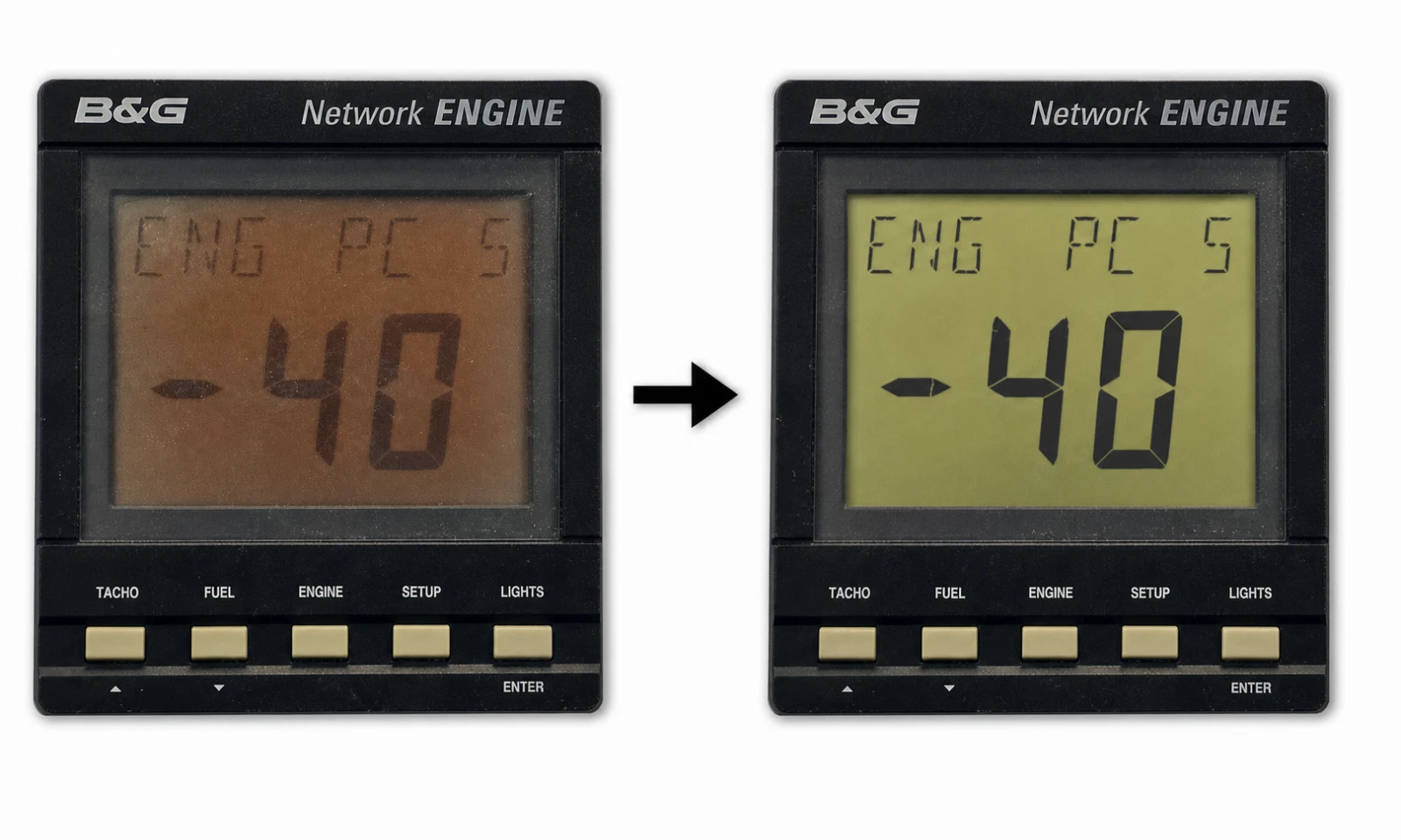 B&G Network ENGINE prima e dopo la rigenerazione del display