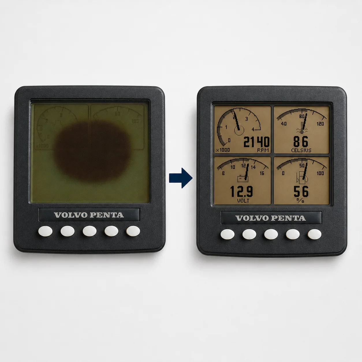 Volvo Penta EVC 4" prima e dopo la rigenerazione del display